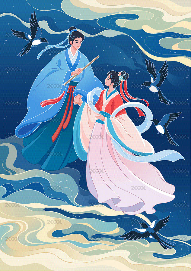 七夕牛郎織女銀河相會插畫，矢量圖（主預(yù)覽-9166907） - 未分類 - 站酷設(shè)計師露露貓糯團原創(chuàng)素材 - 站酷ZCOOL