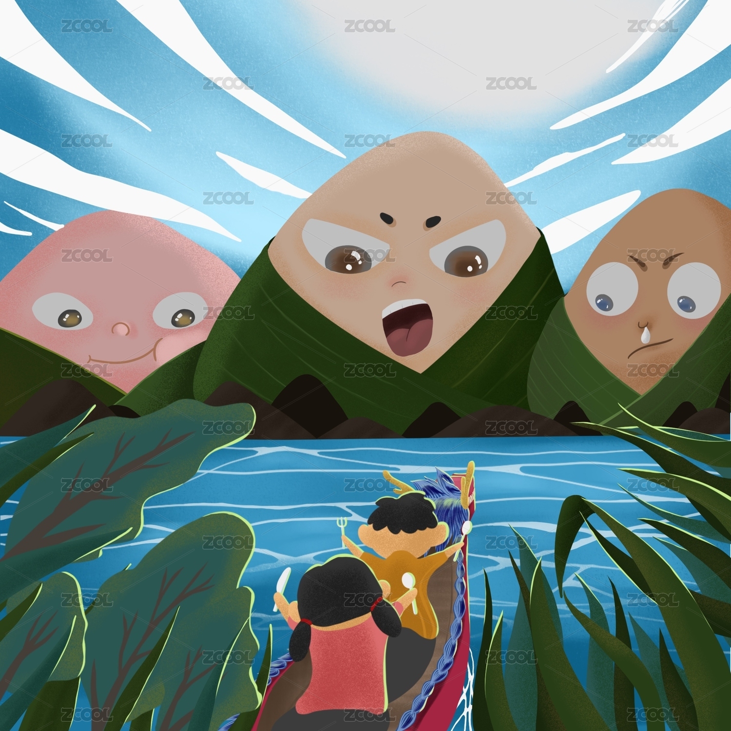端午节插画海报广告，粽子卡通形象