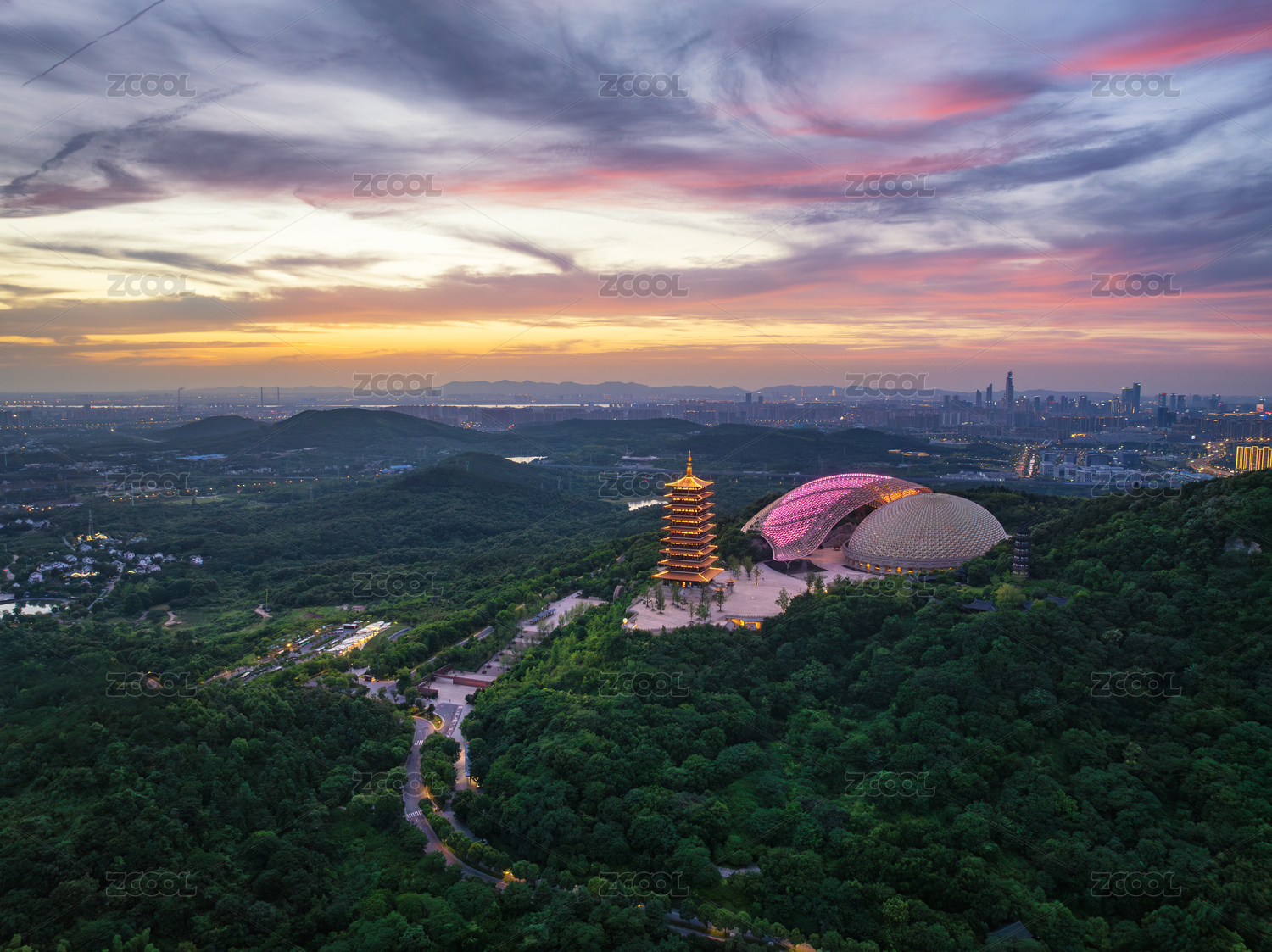 南京牛首山文化旅游区夜景晚霞