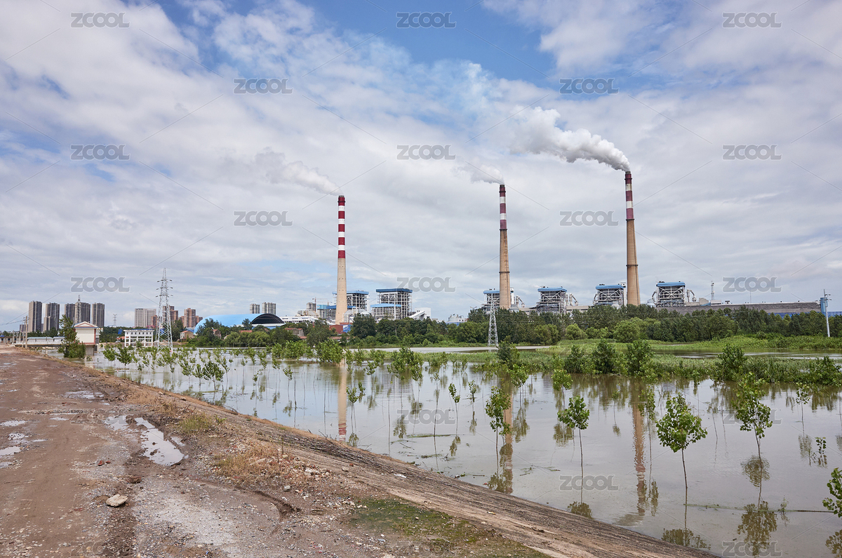 被淹沒的江灘和發(fā)電廠冒著濃煙的煙囪（主預(yù)覽-5125648） - 未分類 - 站酷設(shè)計(jì)師蔚藍(lán)的白日夢原創(chuàng)素材 - 站酷ZCOOL