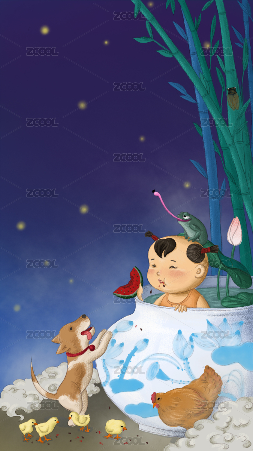 夏日夜空下泡在水缸里吃西瓜的小孩