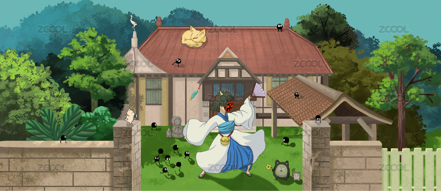日系动漫风景可爱妖怪屋子图