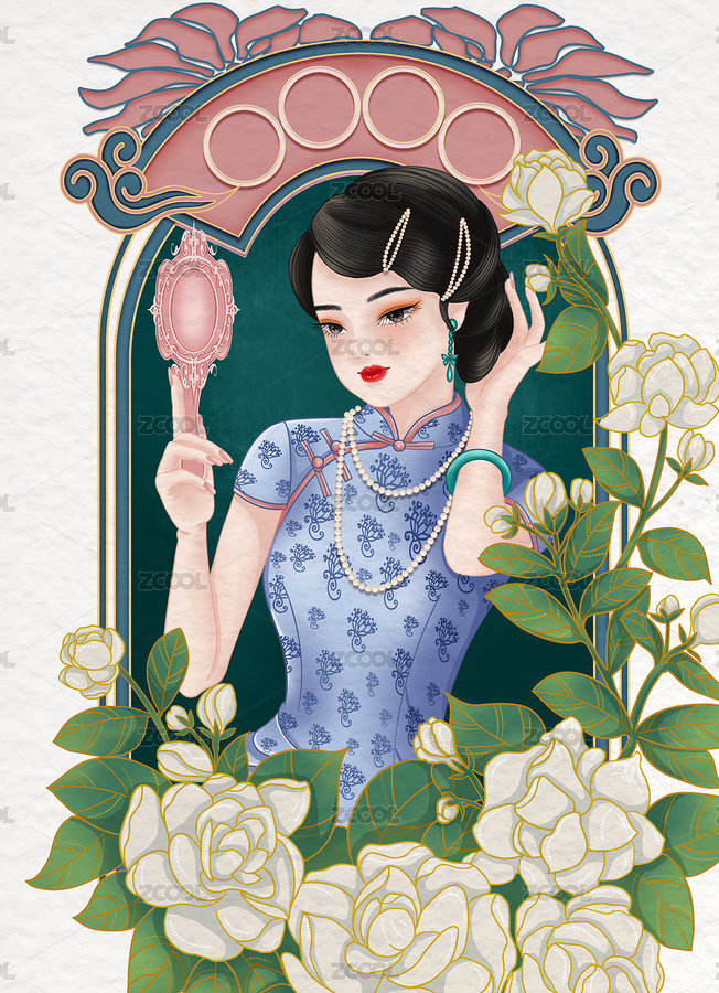 民国风美人与花卉 以花养颜（主预览-4341115） - 未分类 - 站酷设计师插画师江南原创素材 - 站酷ZCOOL