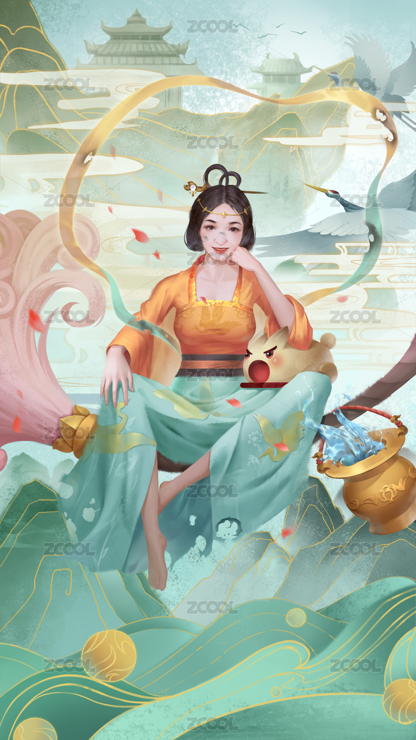 打扫卫生的少女女神仙插画海报美宣立绘
