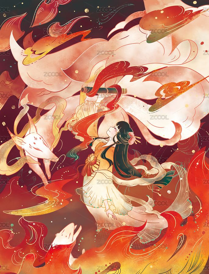 山海经里大火中仙女拿着变出白狐的画卷（主预览-7593735） - 未分类 - 站酷设计师诺米团子原创素材 - 站酷ZCOOL