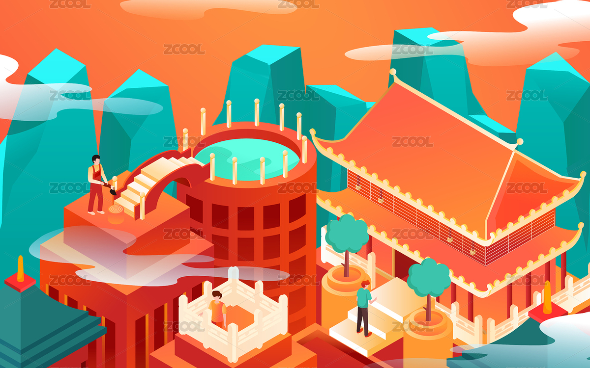 古建筑亭樓旅游中國風等距背景矢量插畫（主預覽-2268913） - 未分類 - 站酷設計師keeein原創(chuàng)素材 - 站酷ZCOOL