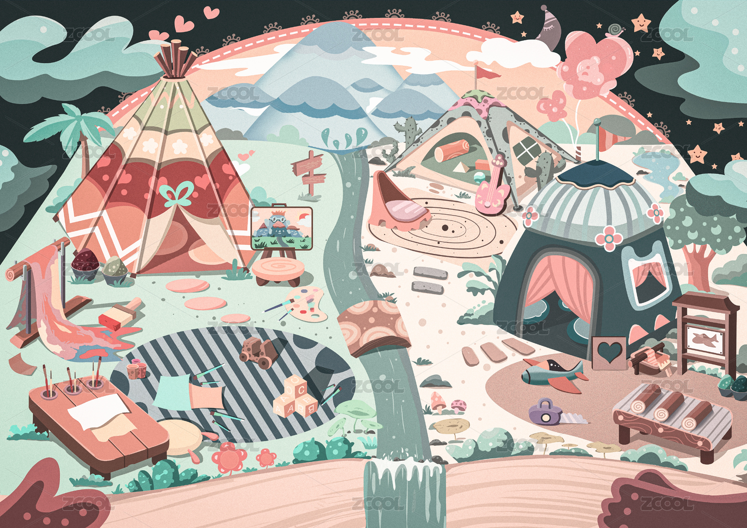 亲子旅游户外写生儿童节插画