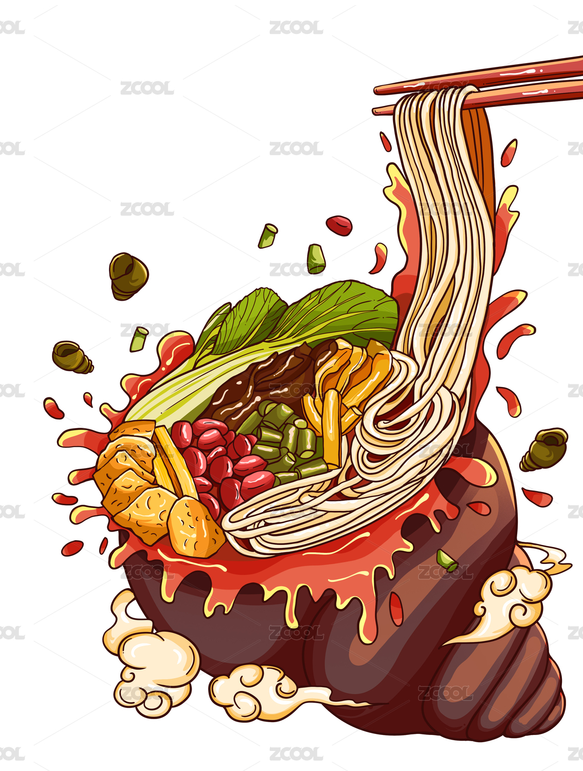 国潮风螺蛳粉美食包装插画