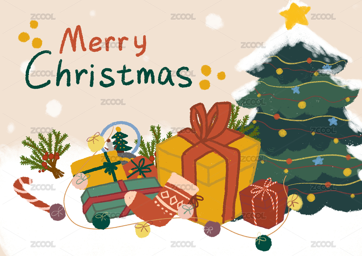 圣诞节礼物圣诞树手绘肌理插画（主预览-6057196） - 未分类 - 站酷设计师是蔷薇呀原创素材 - 站酷ZCOOL