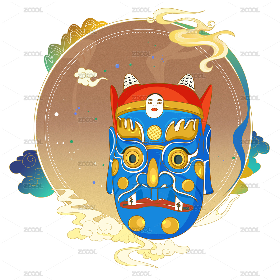中国传统文化非遗文化乐安傩舞面具手绘插画（主预览-319800） - 未分类 - 站酷设计师阿姜姜168原创素材 - 站酷ZCOOL