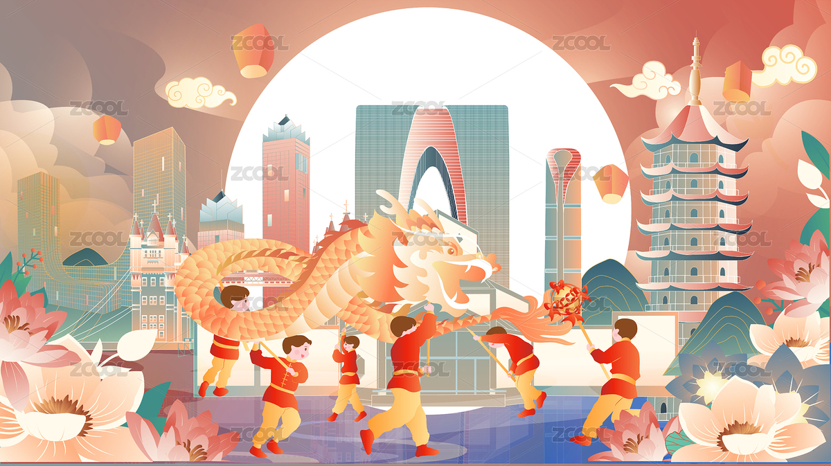 节日舞龙苏州建筑横版矢量插画（主预览-6153260） - 未分类 - 站酷设计师Connie康妮原创素材 - 站酷ZCOOL