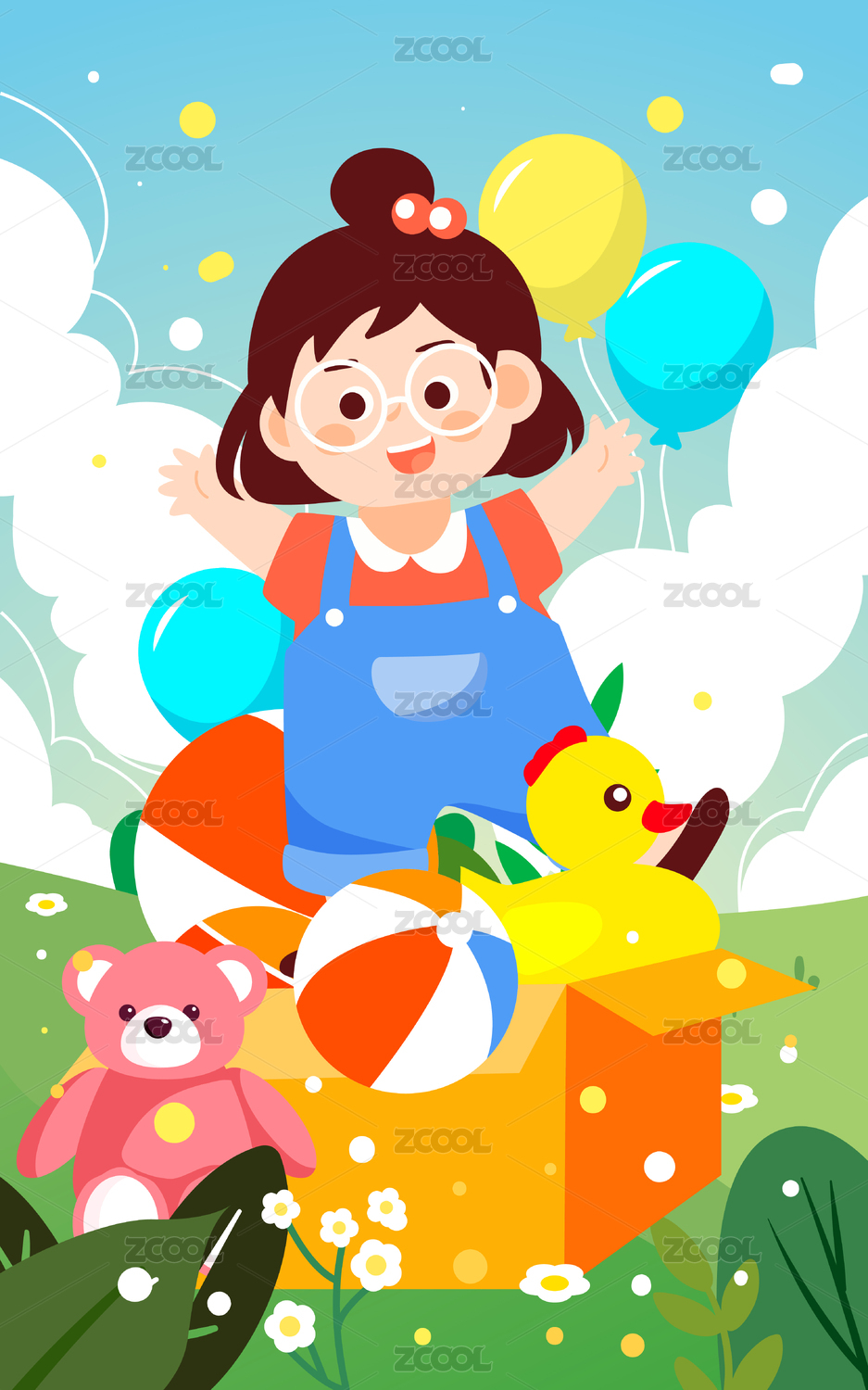 六一儿童节女孩玩玩具插画小孩娱乐活动海报