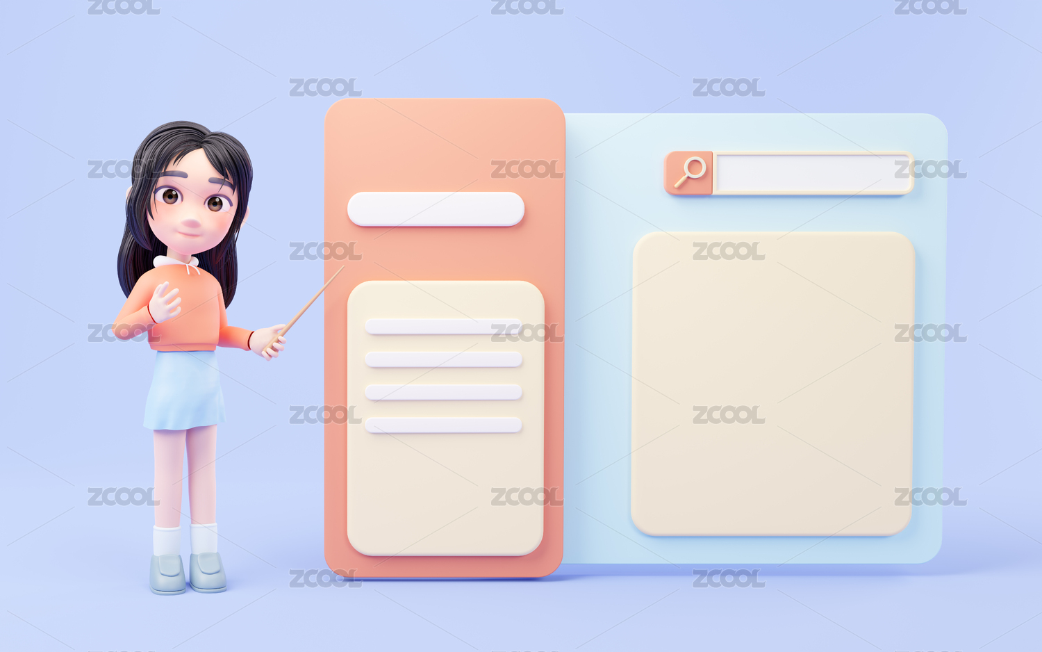 卡通女孩与网页表格3D渲染