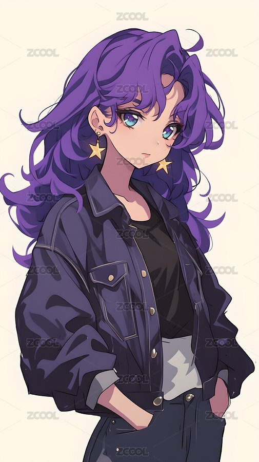 復古日漫人物紫色卷發(fā)酷女孩穿夾克插兜站著（主預覽-646825） - 未分類 - 站酷設計師DEX2011原創(chuàng)素材 - 站酷ZCOOL