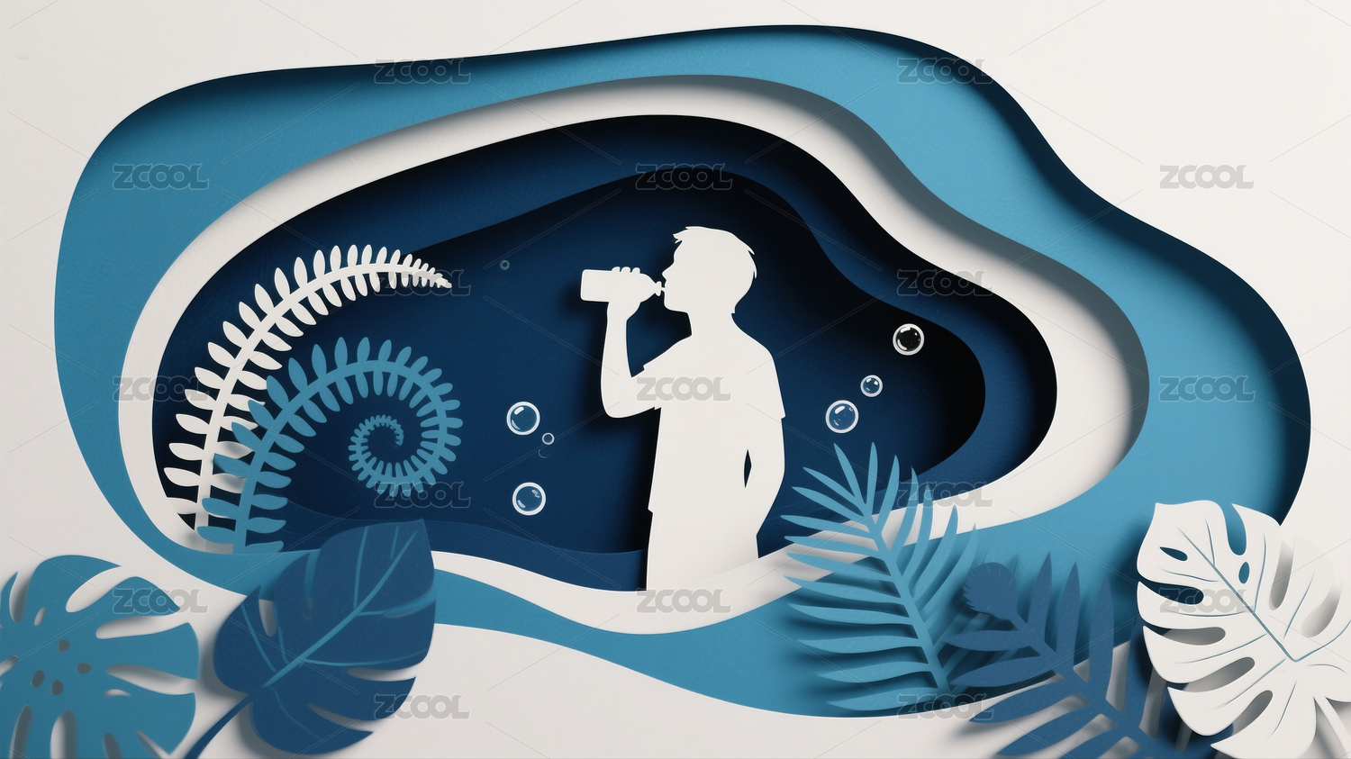 剪纸人物饮水及海洋生物