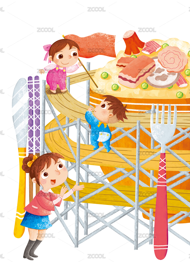 兩個寶寶在攀登一個美食山，其中有一個爬到最高插旗在頂峰（主預(yù)覽-836486） - 未分類 - 站酷設(shè)計師playthink原創(chuàng)素材 - 站酷ZCOOL