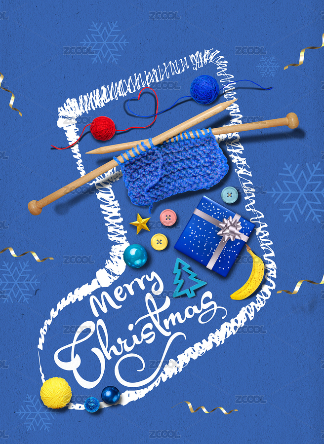蔚藍(lán)色調(diào)圣誕襪紅色藍(lán)色毛線球毛衣針紐扣藍(lán)色禮物盒香蕉擺拼，圣誕節(jié)概念海報(bào)（主預(yù)覽-1205182） - 未分類 - 站酷設(shè)計(jì)師南沙菠蘿貓?jiān)瓌?chuàng)素材 - 站酷ZCOOL