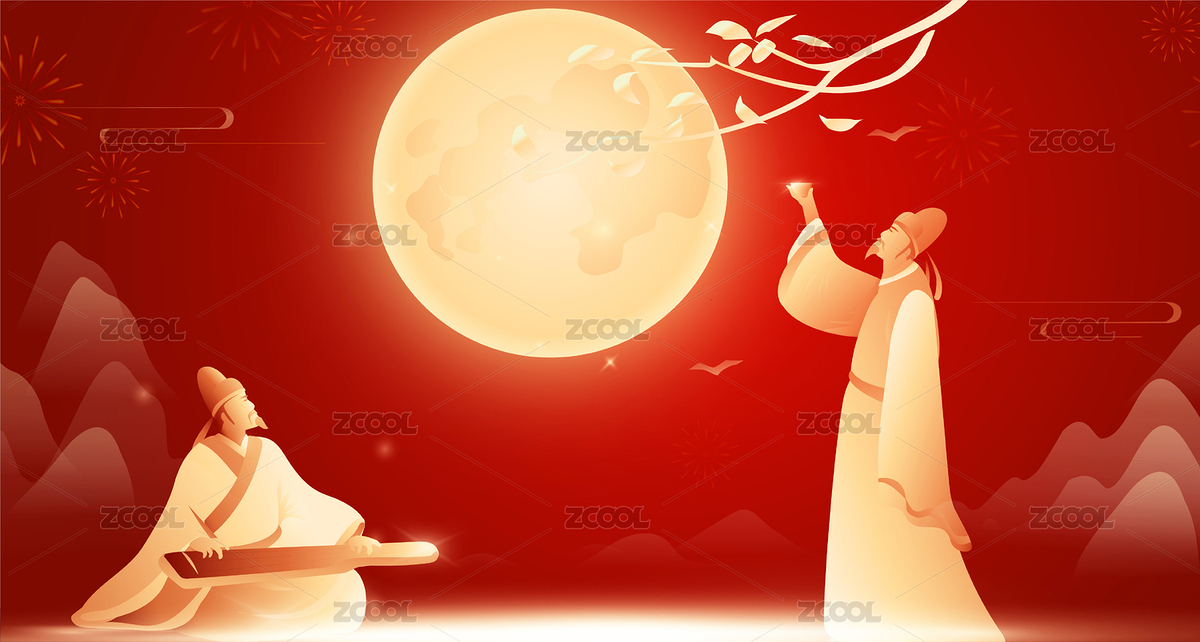 國風(fēng)知己朋友在中秋之夜暢談對(duì)飲賞月插畫（主預(yù)覽-540423） - 未分類 - 站酷設(shè)計(jì)師無邊苦海原創(chuàng)素材 - 站酷ZCOOL