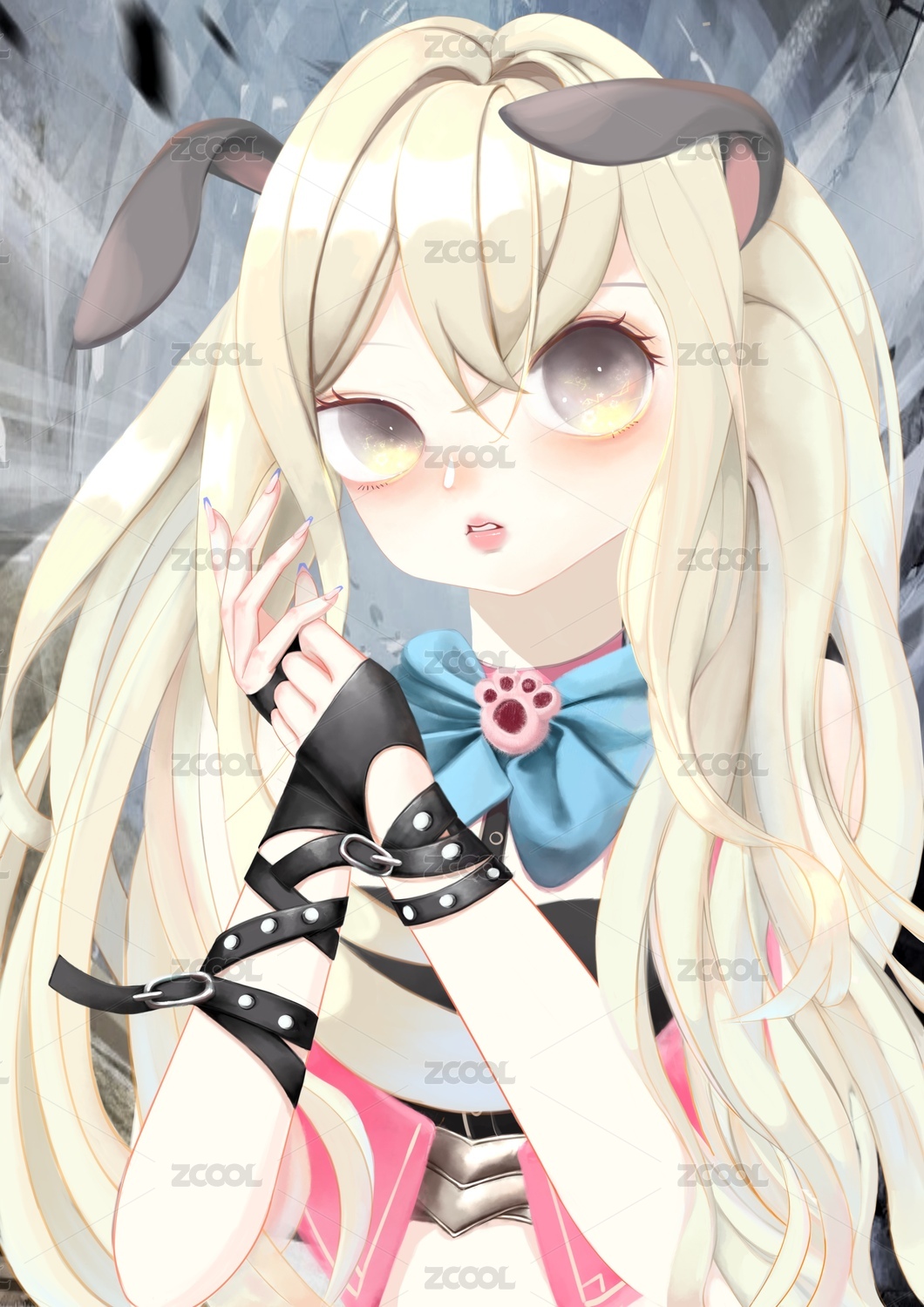 兔耳朵甜酷动漫女孩半身插画机车服饰半身像