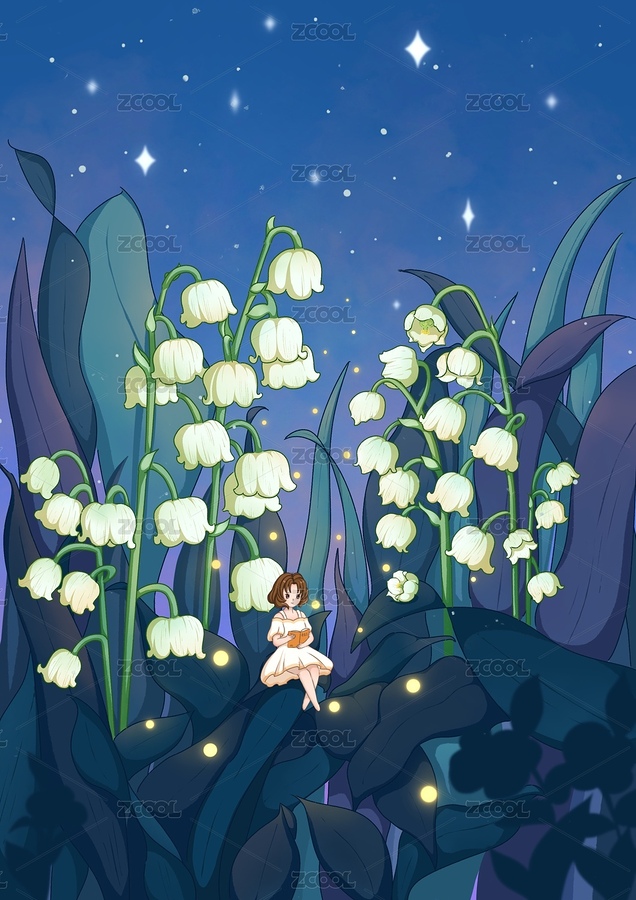 夜晚鈴蘭花下讀書的少女（主預(yù)覽-255400） - 未分類 - 站酷設(shè)計師畫插畫的胖喵原創(chuàng)素材 - 站酷ZCOOL
