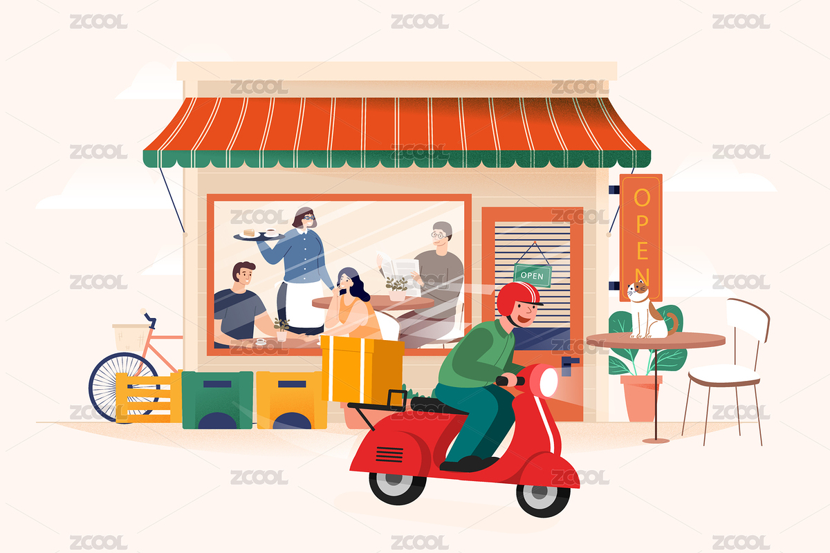 熱鬧的餐廳和送外賣(mài)的小哥（主預(yù)覽-906190） - 未分類(lèi) - 站酷設(shè)計(jì)師KANLIU原創(chuàng)素材 - 站酷ZCOOL