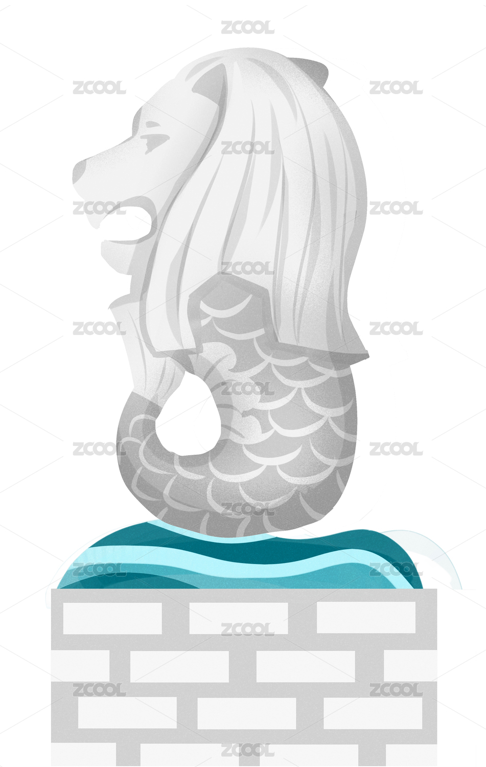 扁平风格新加坡城市地标鱼尾狮雕塑插画元素