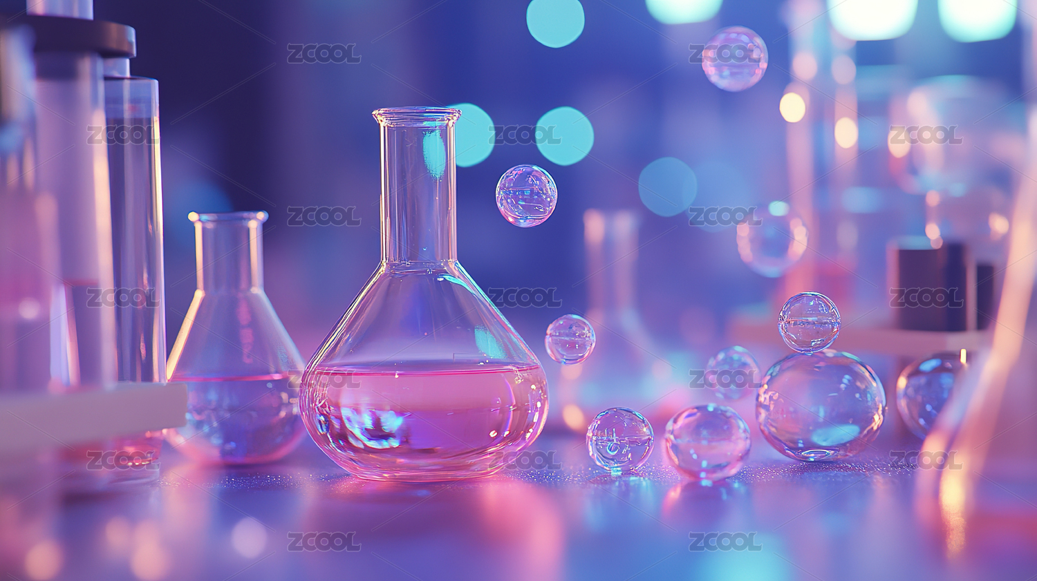 实验室玻璃器皿中彩色化学物质的特写镜头