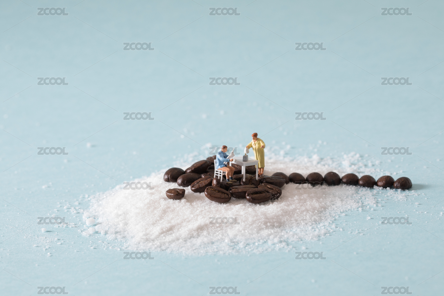 coffee beans with coffee powder on blue background Coffee pot