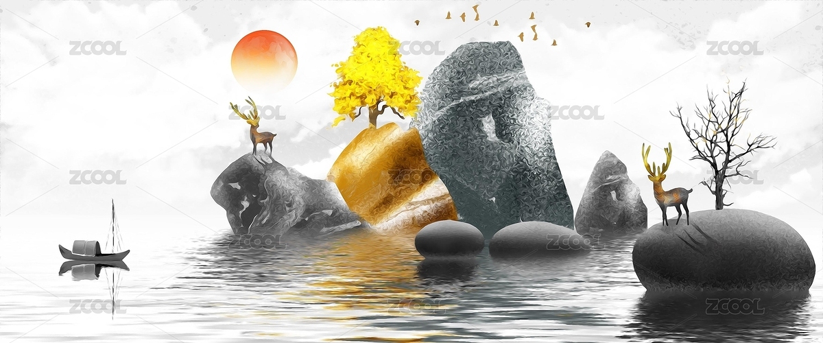 手繪創(chuàng)意金色發(fā)財山水意境裝飾畫（主預(yù)覽-3399270） - 未分類 - 站酷設(shè)計師心靈藝坊原創(chuàng)素材 - 站酷ZCOOL