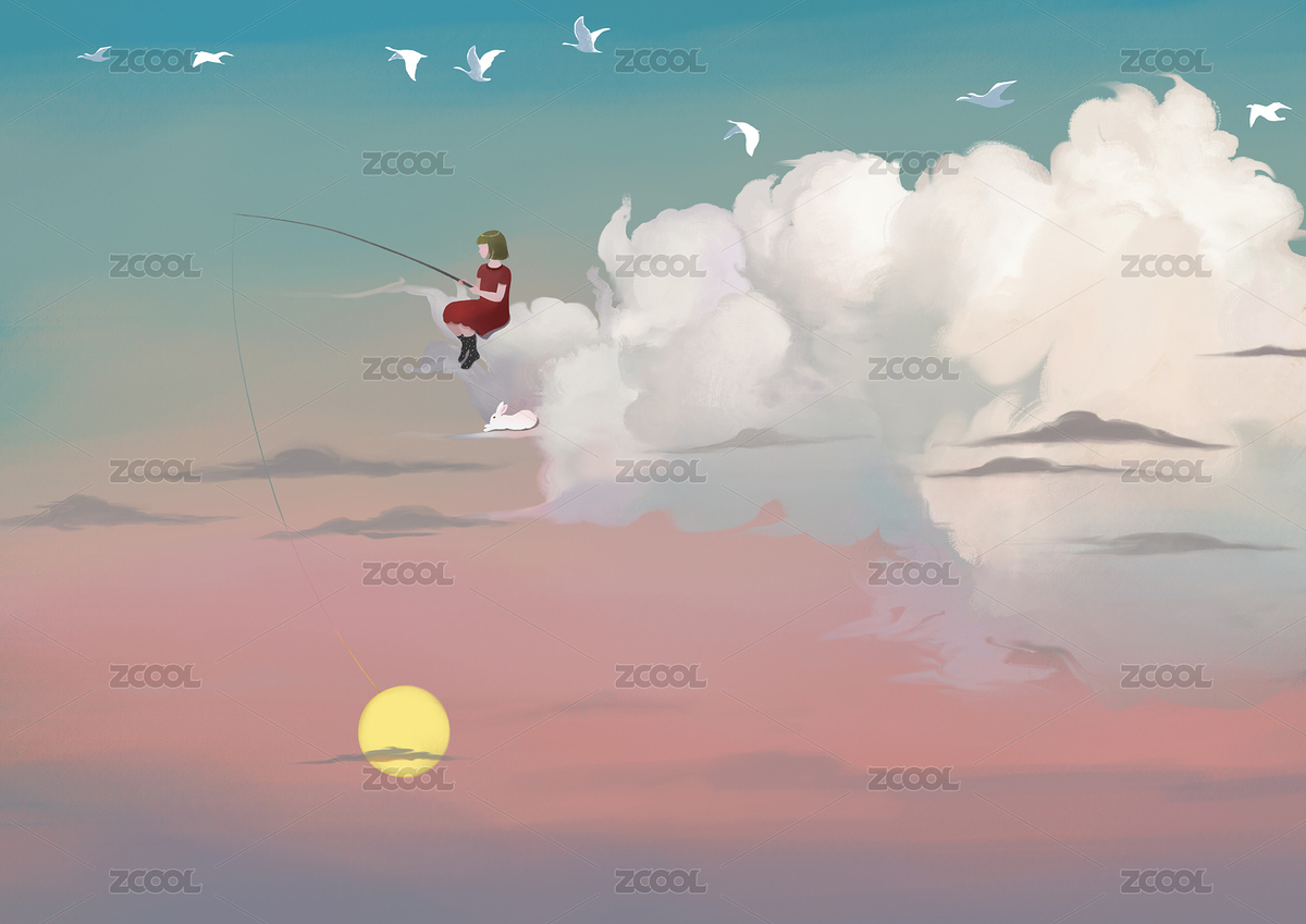 日落游戏治愈系天空女孩云朵插画（主预览-6545319） - 未分类 - 站酷设计师步里里BULILI原创素材 - 站酷ZCOOL