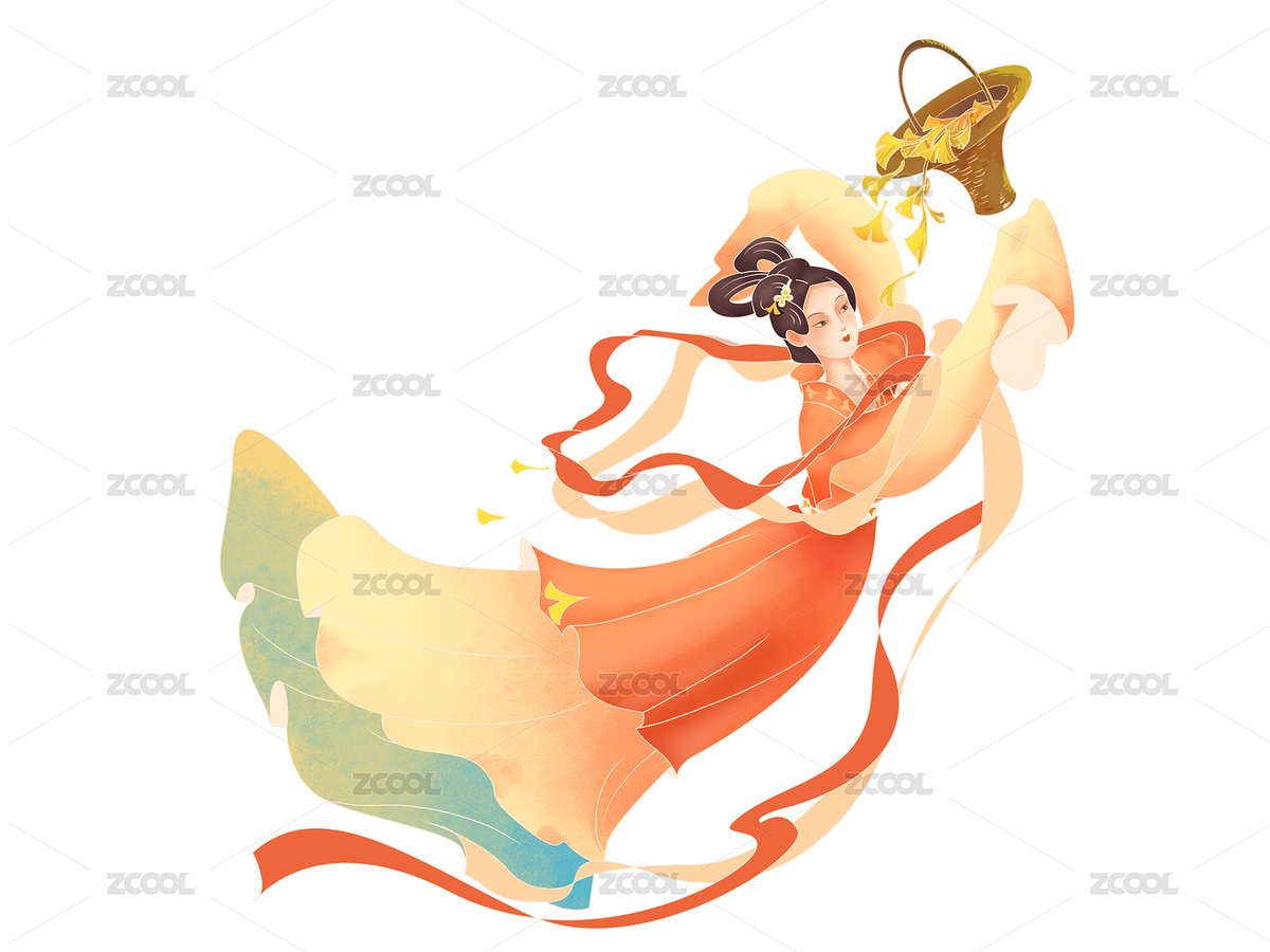 橙色古風國潮風秋分女孩銀杏籃子人物元素（主預覽-3693616） - 未分類 - 站酷設計師h5efD8cyQR原創(chuàng)素材 - 站酷ZCOOL