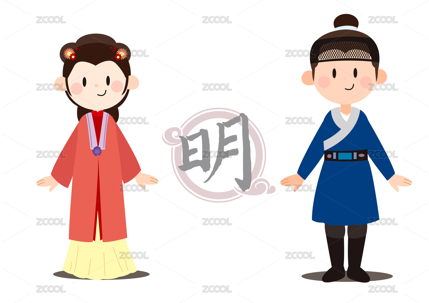 中国历代服装发饰发展图矢量图可爱卡通明代
