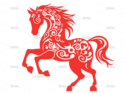 中国新年十二生肖马生肖剪纸窗花矢量插画