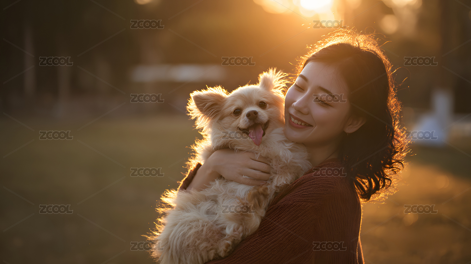 户外夕阳下抱着狗的女人宠物摄影