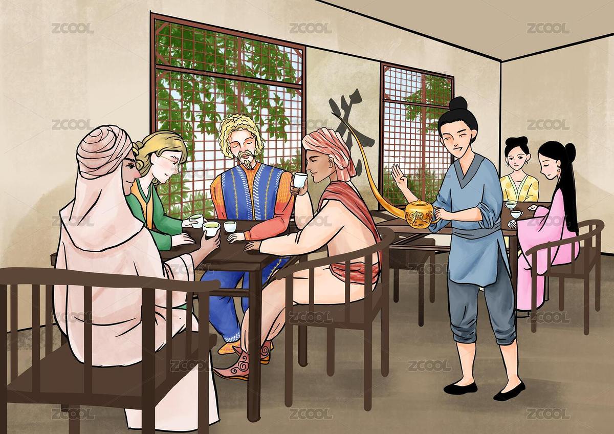 外國(guó)人在茶館喝茶（主預(yù)覽-8106241） - 未分類 - 站酷設(shè)計(jì)師畫(huà)畫(huà)的嘧啶原創(chuàng)素材 - 站酷ZCOOL