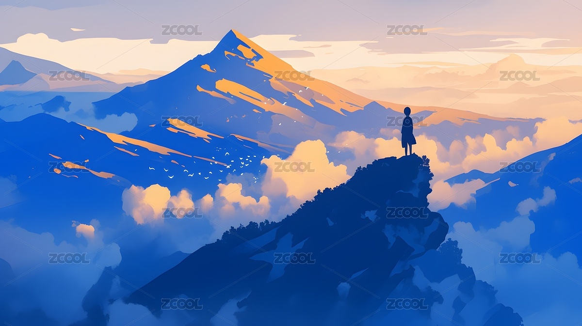 藍天白云下人物佇立雪山之巔俯瞰云海插畫（主預覽-10924983） - 未分類 - 站酷設計師一夜清晨原創(chuàng)素材 - 站酷ZCOOL