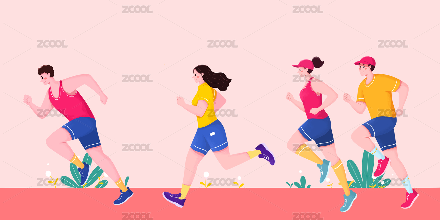 扁平插画青年人在跑步健身