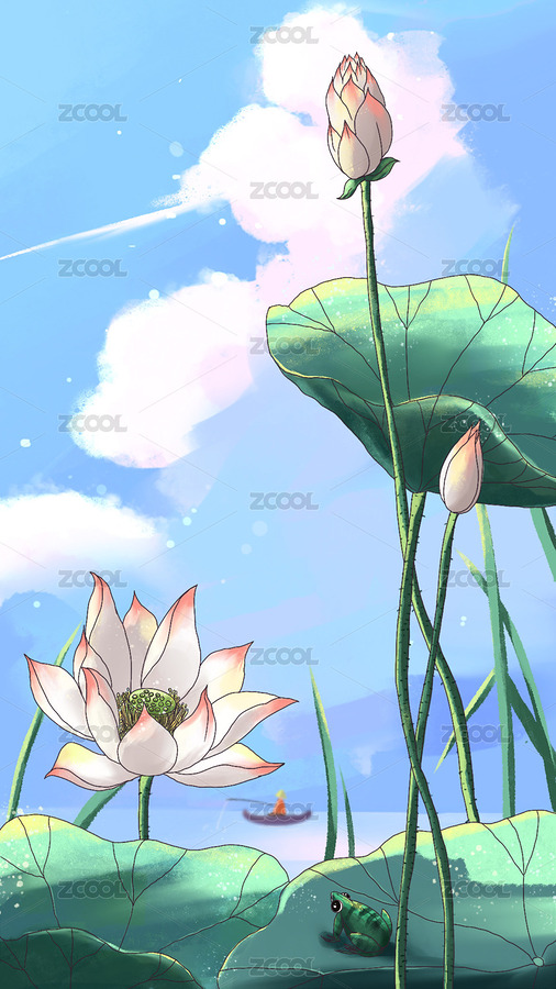 荷花青蛙天空云彩風(fēng)景畫（主預(yù)覽-7013087） - 未分類 - 站酷設(shè)計師安一鹿原創(chuàng)素材 - 站酷ZCOOL