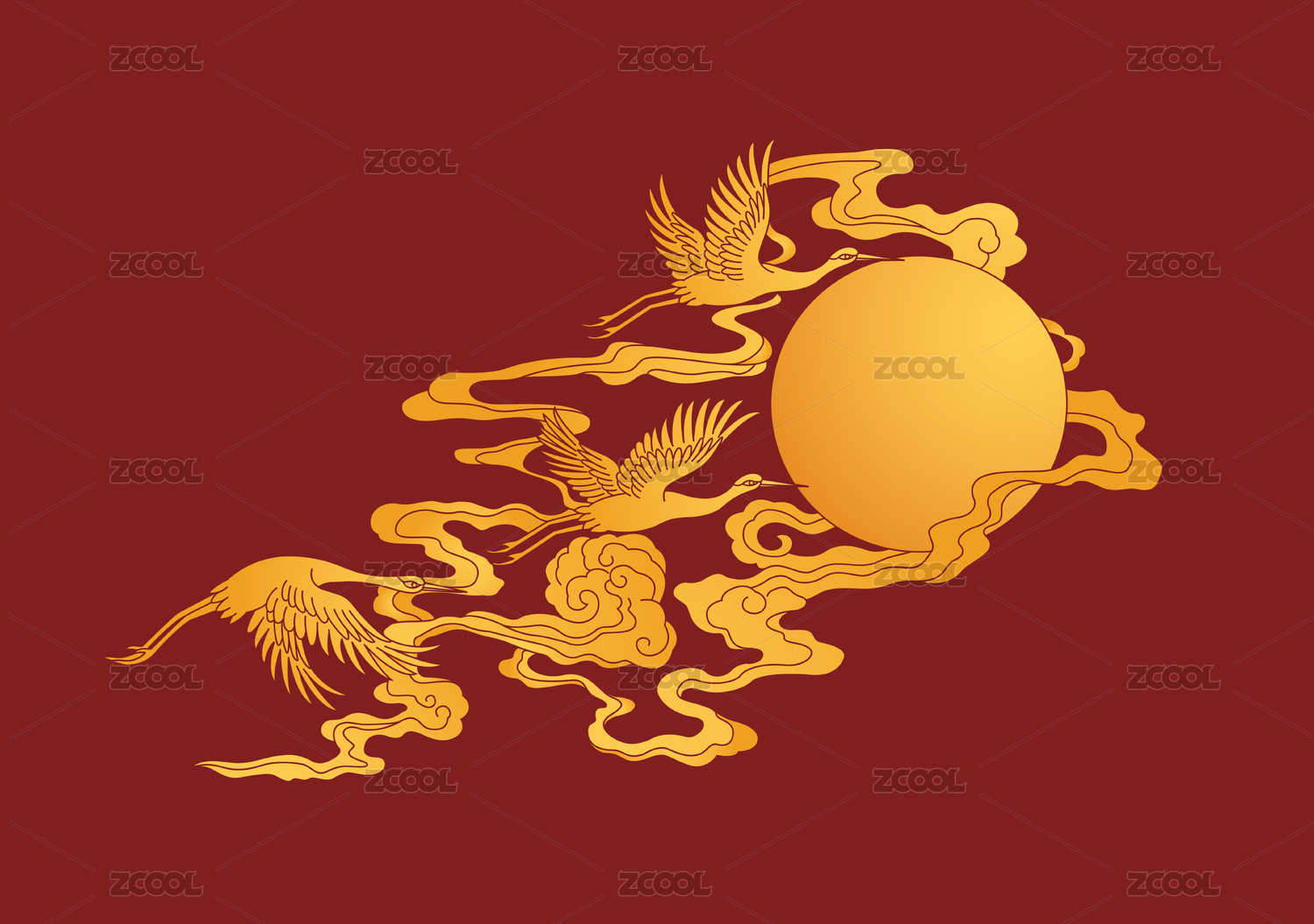 传统仙鹤祥云图案红色背景