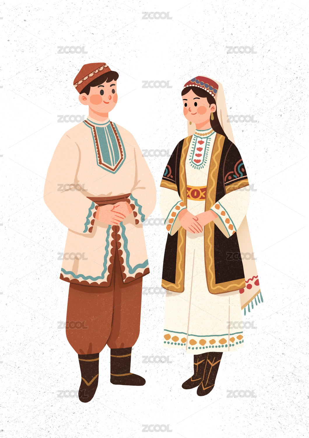 维吾尔族男女传统服饰插画
