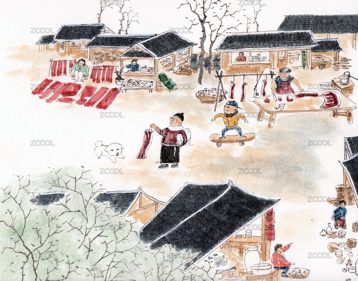 傳統(tǒng)水墨人物年俗插畫春節(jié)集市（主預覽-3895225） - 未分類 - 站酷設(shè)計師青澍原創(chuàng)素材 - 站酷ZCOOL