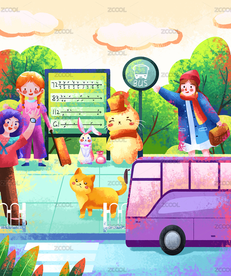 公交車站等公交平面肌理插畫海報（主預覽-4948639） - 未分類 - 站酷設(shè)計師元元汽水原創(chuàng)素材 - 站酷ZCOOL