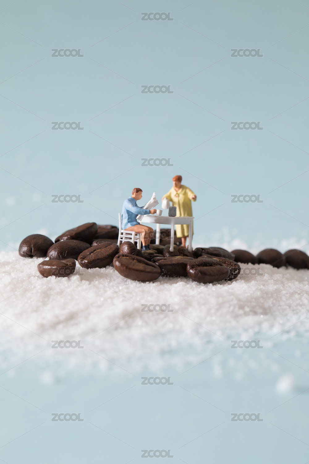 coffee beans with coffee powder on blue background Coffee pot