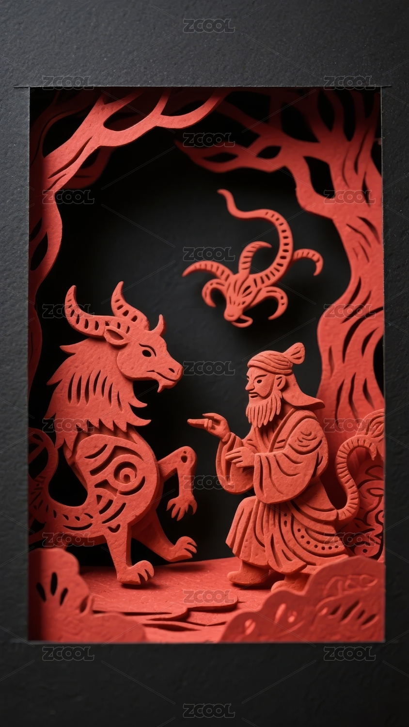 红色剪纸艺术展奇幻生物与神秘人物对峙