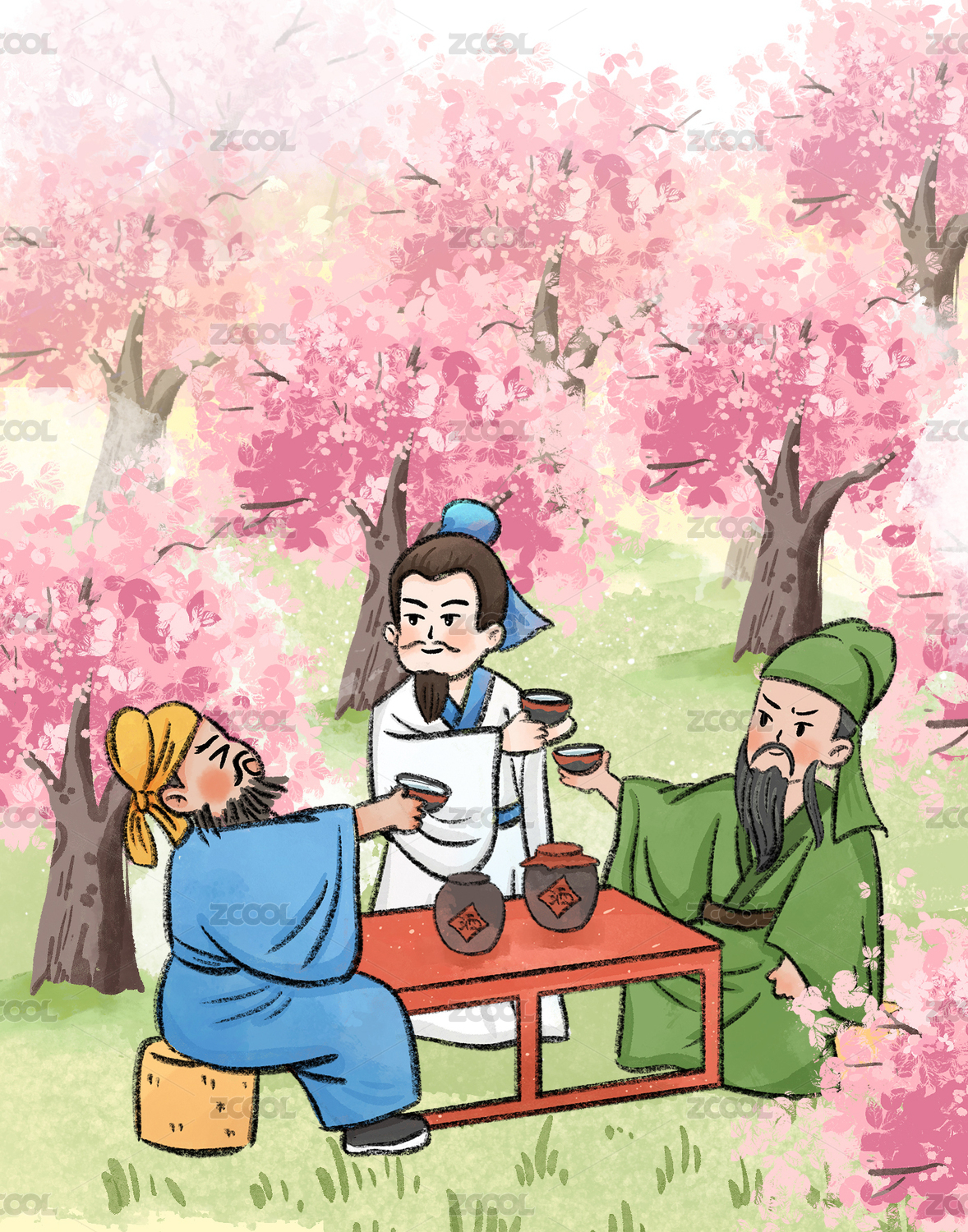 桃园三结义插画水彩国风插画绘本