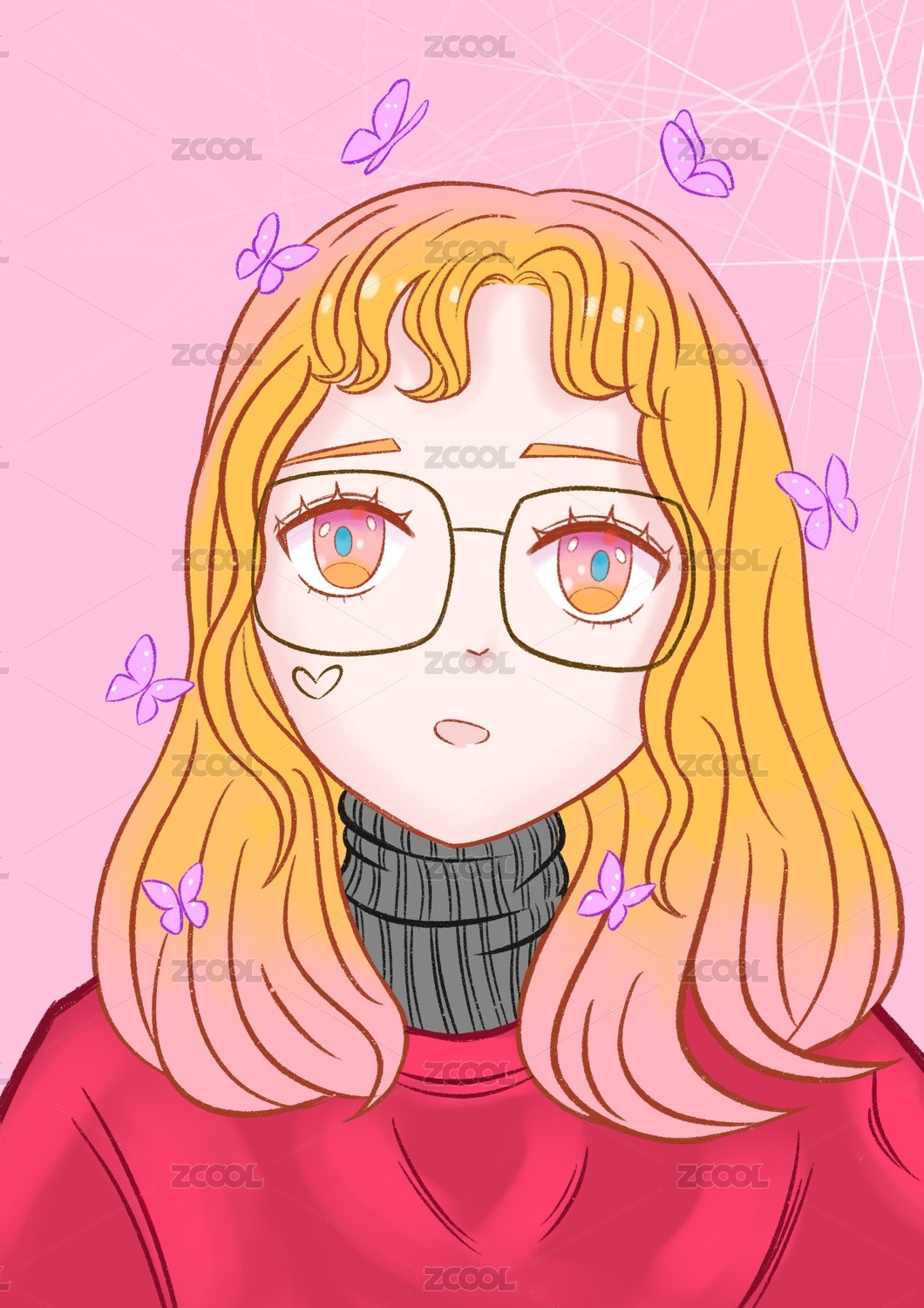 戴眼镜的长发女生可爱动漫卡通插画