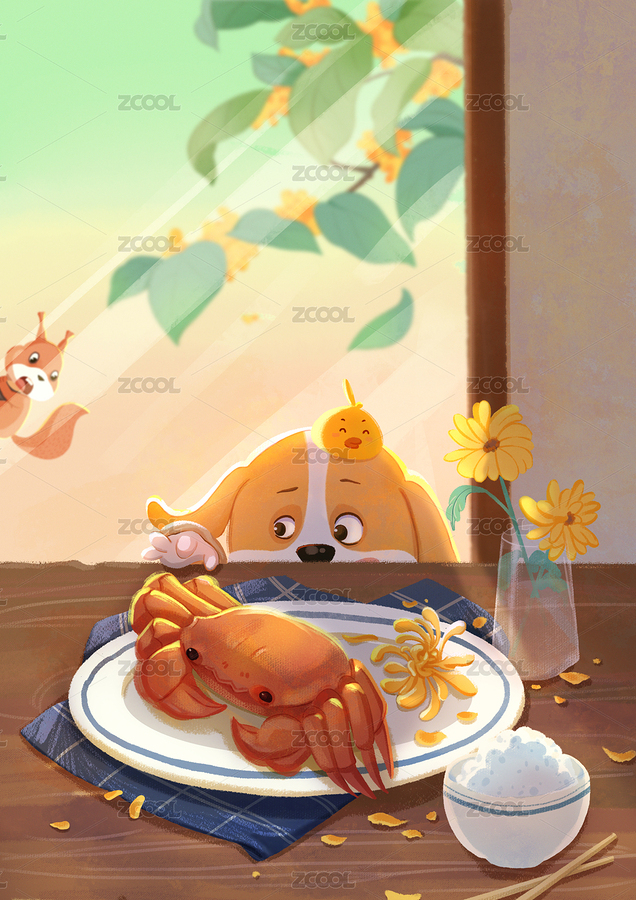 小狗探頭看著桌子上的大閘蟹（主預(yù)覽-168553） - 未分類 - 站酷設(shè)計(jì)師曉風(fēng)卟卟原創(chuàng)素材 - 站酷ZCOOL