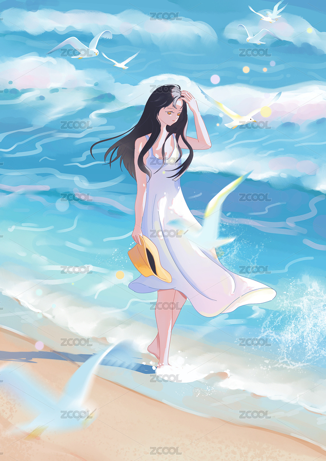海邊浪花行走少女手繪插畫（主預(yù)覽-4636661） - 未分類 - 站酷設(shè)計(jì)師suzyhai原創(chuàng)素材 - 站酷ZCOOL