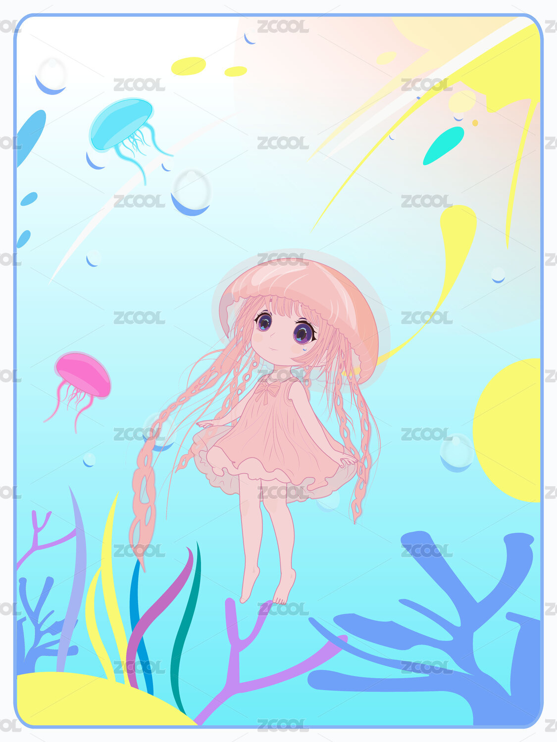 水母女孩海洋主题矢量商业插画