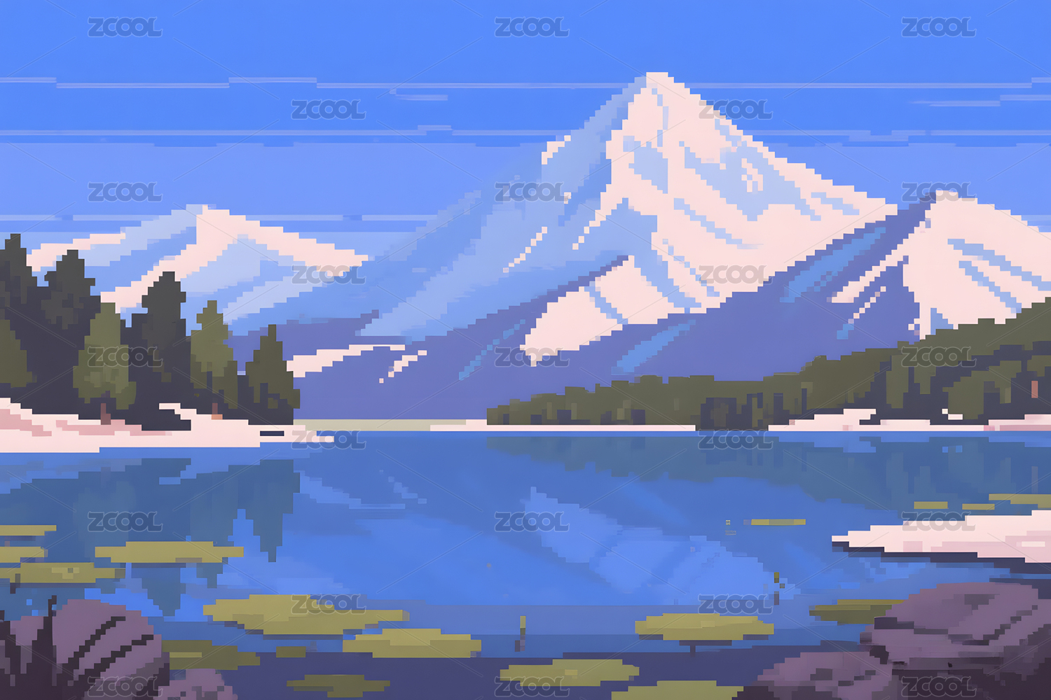 雪山湖泊像素画